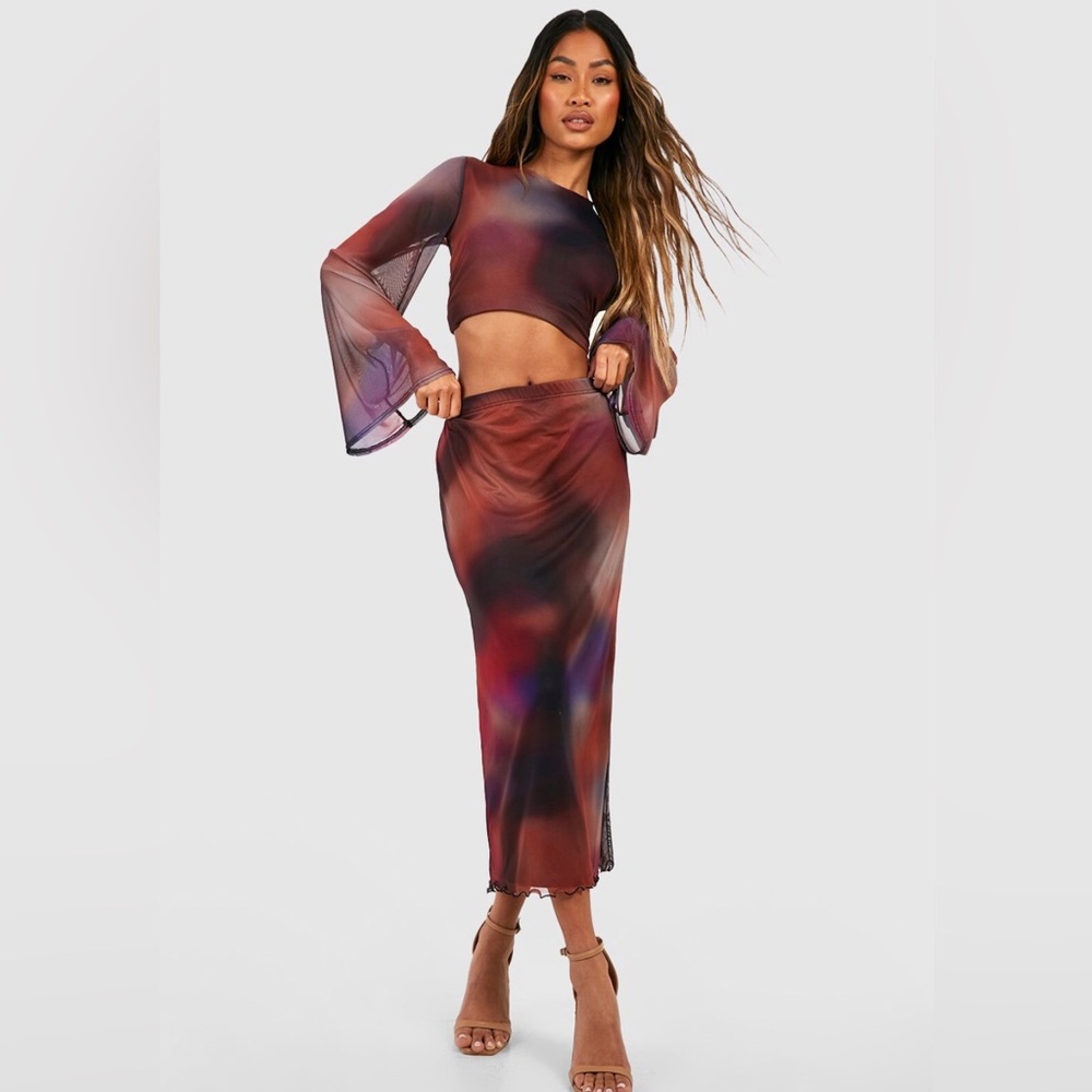 Midaxi mesh overlay slip skirt / printed tulle